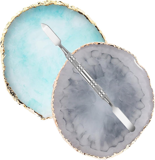 2 Pcs Resin Nail Palette Nail Polish Palette Nail Art Palette with Stainless Stirring Rod (Gray and Blue)-BrightBean Baby