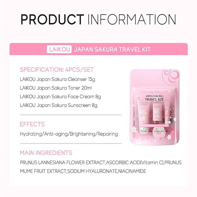 Sakura Travel Skincare Set for Teenage Girls - Face Routine Set for Women,4 Piece Gentle Skin Cleaning & Care Travel Size Kit With Cleanser, Toner, sunscreen and Face Cream-BrightBean Baby