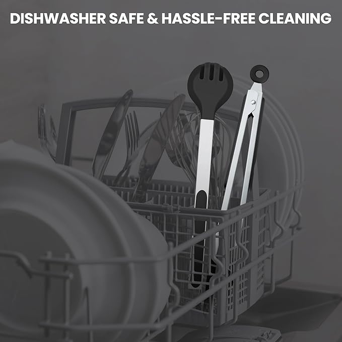 12 Inch Kitchen Tongs for Cooking, 600ºF Heat Resistant Cooking Tongs with Silicone Tip & Measure Spoon, 2-in-1 Silicone Tong for Tossing Salad, Serving Food, Non-Stick & Dishwasher Safe (Black)