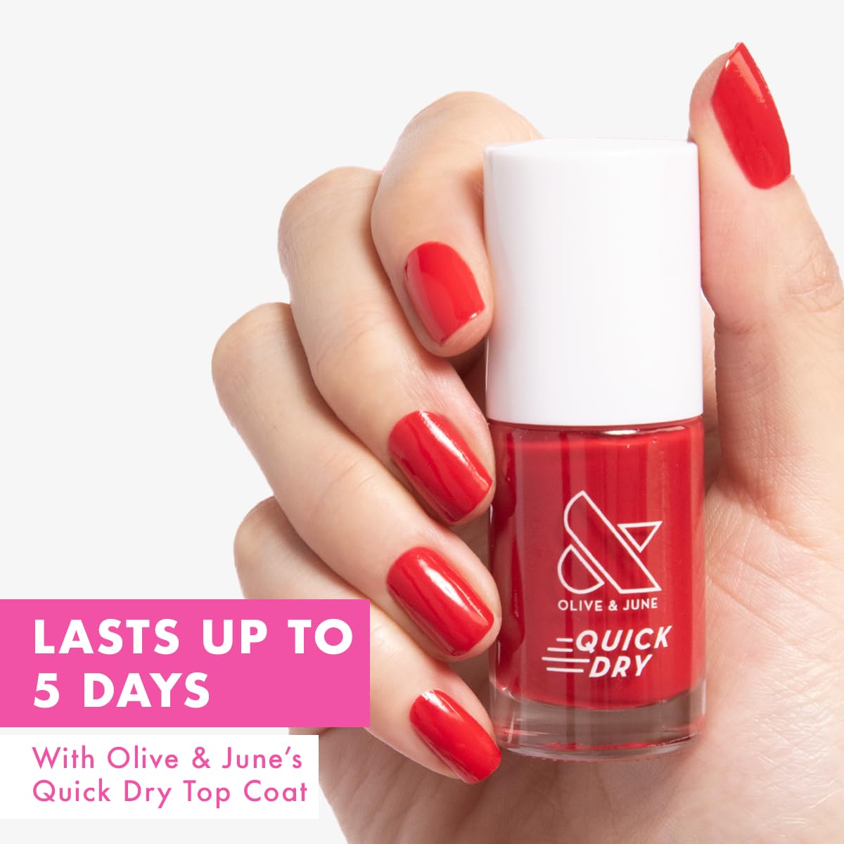 Olive & June Quick Dry Nail Polish | Instant, Fast-Drying, Smudgeproof Color | 15-free, Vegan, Cruelty-Free Formula | Lasts up to 5 Days | Salon-Quality Manicure, Pedicure at Home | Smooch Scarlet Red-BrightBean Baby