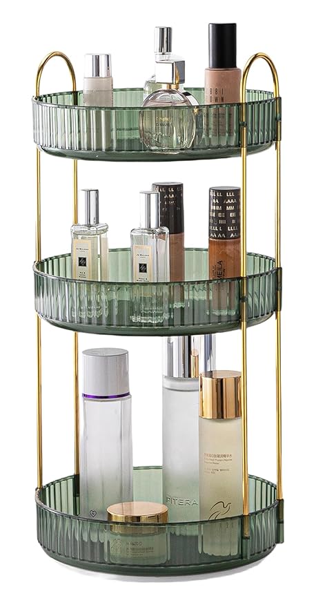 Makeup Organizer for Vanity, 360° Rotating Bathroom Organizer Countertop, High-Capacity Skincare Organizer, Spinning Cosmetics Organizer for Dresser Countertop (3 Tiers, Green)-BrightBean Baby