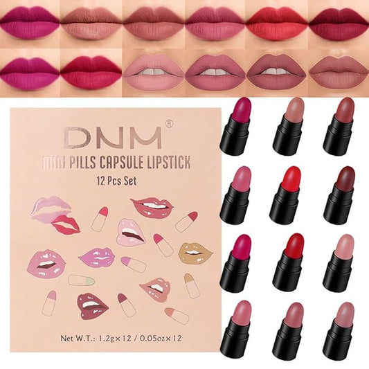 evpct 12Pcs Mini Pills Lipstick Capsule Set for Women Waterproof Long Lasting, Dark Ruby Plum Rose Red Nude Pink Mauve Taupe Brown Matte Small Magic Permanent 24 Hour Lipstick Bulk Samples 01-BrightBean Baby