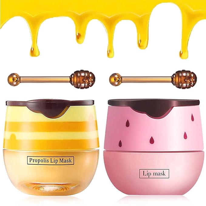 2Pcs Bee Lip Balm Honey Pot, Honey & Strawberry Lip Balm Moisturizing Lip Sleep Mask with Stick Hydrating & Prevention Dry and Cracked Lip Scrubs Exfoliator, Reduces Lip Lines-BrightBean Baby
