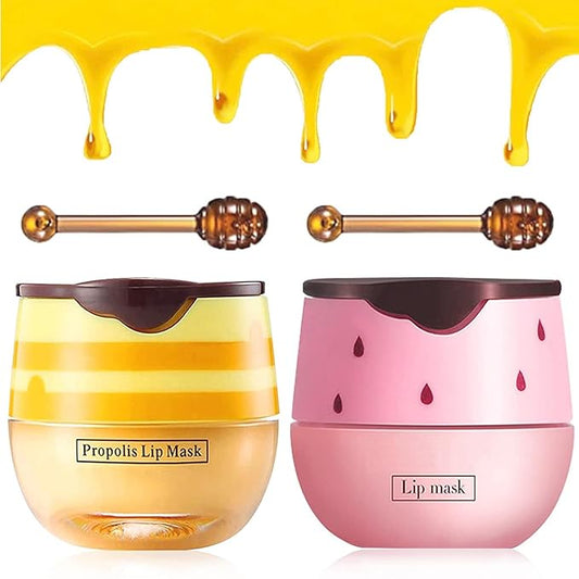 2Pcs Bee Lip Balm Honey Pot, Honey & Strawberry Lip Balm Moisturizing Lip Sleep Mask with Stick Hydrating & Prevention Dry and Cracked Lip Scrubs Exfoliator, Reduces Lip Lines-BrightBean Baby