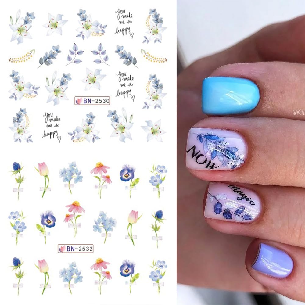12 Sheets Flower Water Transfer Nail Stickers Purple Fresh Flower Nail Art Decals with Assorted Pattern Blossom Floral Butterfly Dragonfly DIY Nail Art supplies for Women Nail Decorations Manicure Tip-BrightBean Baby