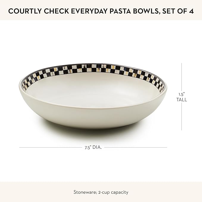 MACKENZIE-CHILDS Set of 4 Everyday Pasta Bowls, Microwave-Safe and Dishwasher-Safe Stoneware Bowls, Black-and-White Courtly Check