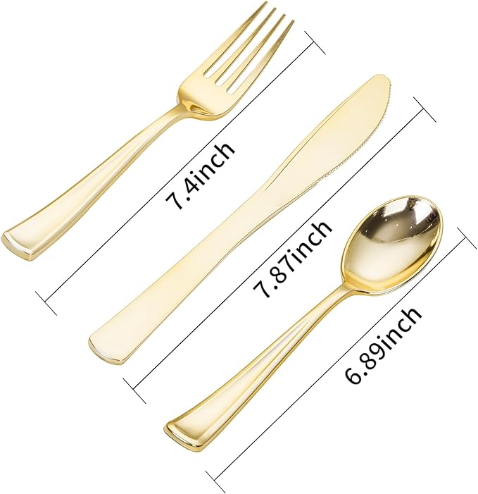 SUT 600PCS Gold Plastic Silverware, Plastic Silverware heavy duty, Disposable Cutlery, 200 Forks,200 Spoons, 200 Knives for Party