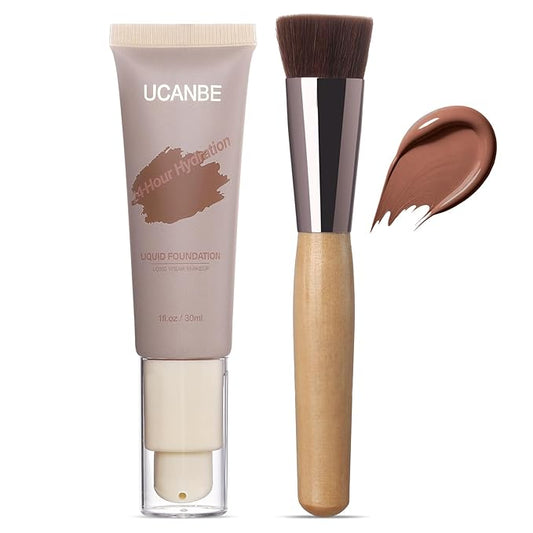 UCANBE Matte Liquid Foundation with Brush, Skincare Serum Foundation Face Makeup with Hyaluronic Acid, Medium to Full Coverage Waterproof Oil Control Longwear, for Mature Skin, Cocoa, 1 fl. oz.-BrightBean Baby