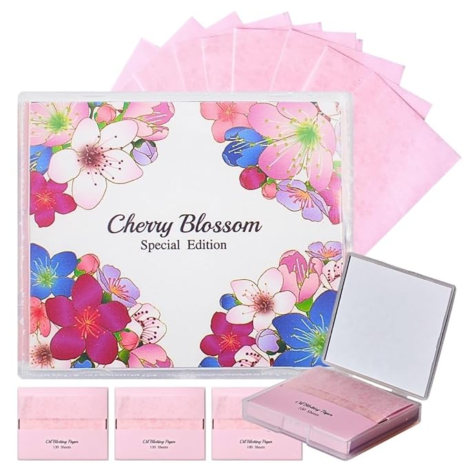 [400 Counts + Mirror Case] Cherry Blossom Natural Oil Blotting Paper for Face with Mirror Compact and Refills-BrightBean Baby