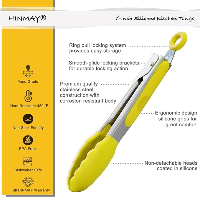 Small Appetizer Tongs 7-Inch Silicone Tipped Kitchen Tongs, Set of 3 (Yellow)