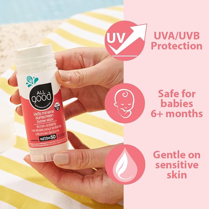 All Good Baby & Kids Mineral Sunscreen Butter Stick for Face, Nose, Ears - UVA/UVB Broad Spectrum SPF 50, Coral Reef Friendly, Water Resistant, Zinc Oxide, Coconut Oil, Beeswax, Vitamin E (2.75 oz)-BrightBean Baby