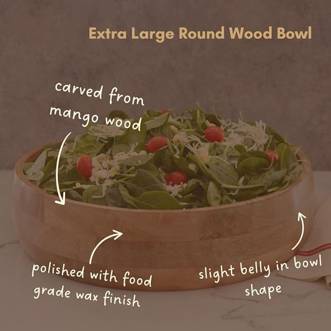 Extra Large Salad Bowl, 17" Wide, Big Serving Dish for Salad, Pasta, Cut Fruit, Party, Catering, Wedding, Restaurant, Kitchen Countertop Fruit Bowl, Farmhouse Style, Mango Wood