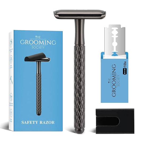 Single Blade Safety Razor for Men with Silicone Cover & 10 Blades Double Edge Safety Razor for Travel Metal Eco-Friendly Reusable Razor for Shaving (Matte Black)-BrightBean Baby