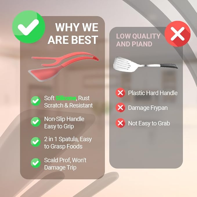 Silicone Egg Flipper Spatula Tongs (Set of 1) – Non-Stick 2-in-1 Grip & Flip Kitchen Tongs for Pancakes, Fish, Eggs, and More – Heat Resistant Cooking Tool (Red)