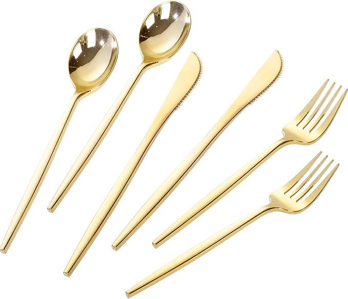 PULOTE 300PCS Gold Plastic Silverware Set Disposable - Heavy Duty Gold Utensils Set - Plastic Cutlery Disposable - Include 100 Knives, 100 Forks, 100 Spoons for Party & Wedding