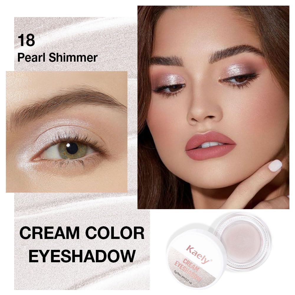Kaely Single Cream Eyeshadow Pot, Pearl Beige Shimmer Eye Shadow for Older Women High Pigmented Waterproof, Natural Eyeshadow Palette Makeup Brightener, sombras en crema para ojos, Blendable, 18-BrightBean Baby