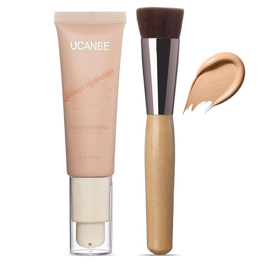 UCANBE Matte Liquid Foundation with Brush, Serum Foundation Face Makeup with Hyaluronic Acid, Medium to Full Coverage Waterproof Oil Control Longwear, for Mature Skin, Classic Ivory, 1 fl. oz.-BrightBean Baby