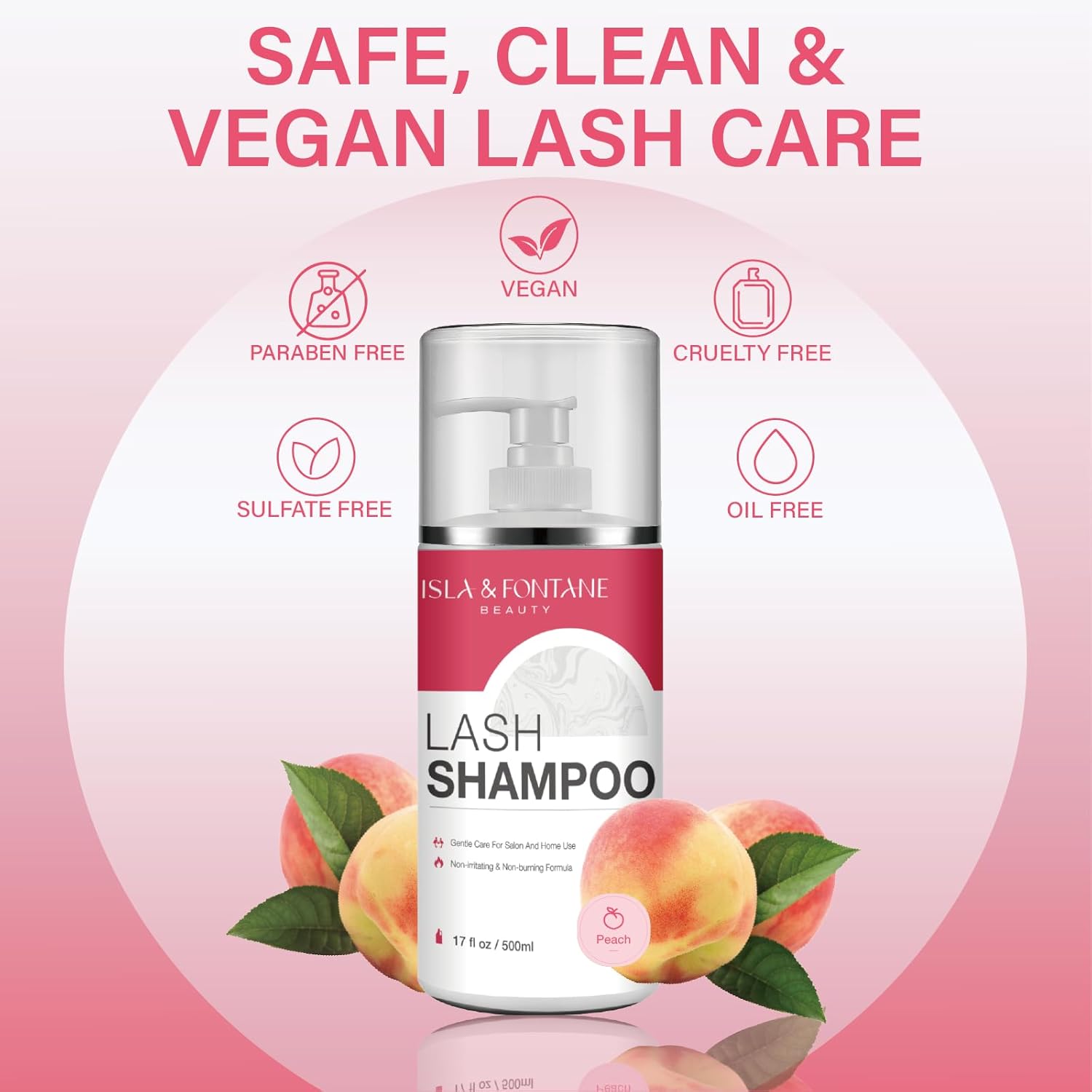 ISLA & FONTANE Lash Shampoo Bulk – Multi-Scent Series – 17 fl oz / 500ml | Gentle Eyelash Cleanser for Lash Extensions | Non-Irritating | Professional Lash Bath Foam For Salon And Home Use (Peach)-BrightBean Baby