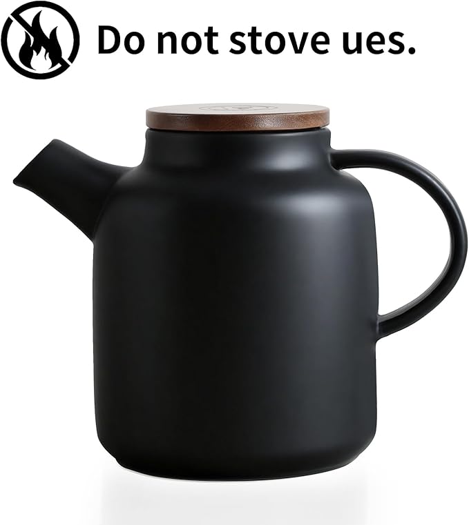 Yundu 1500ml / 50 oz Ceramic Teapot with Infuser & Wood Lid - Matte Black, Loose Leaf Tea Pot with Removable Strainer, Large Capacity