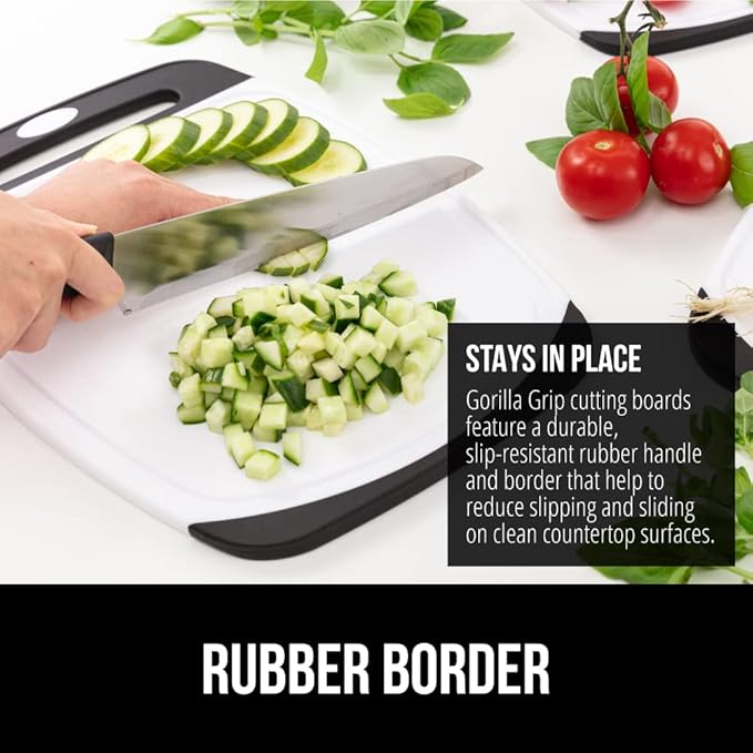 GORILLA GRIP BPA-Free Reversible Kitchen Cutting Board Set of 3, US Designed, Nonporous, Juice Grooves Catch Liquid, Slip Resistant Border, Dishwasher Safe Large Food Chopping Boards, Black Aqua Gray