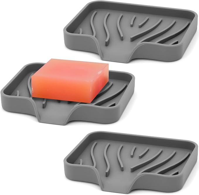 3-Pack Silicone Soap Dish Bar Soap Holder, Self Draining Soap Tray for Shower, Bathroom, Kitchen, Bathtub (Grey)-BrightBean Baby