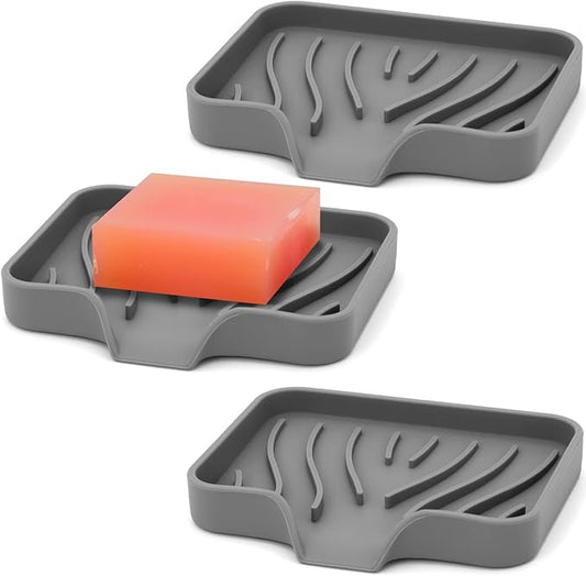 3-Pack Silicone Soap Dish Bar Soap Holder, Self Draining Soap Tray for Shower, Bathroom, Kitchen, Bathtub (Grey)-BrightBean Baby