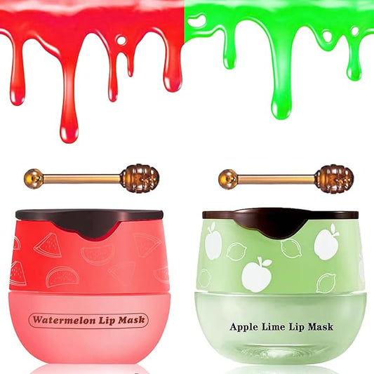 2 PCS Bee Lip Balm Honey Pot, Watermelon & Apple Lime Sleeping Lip Mask Overnight, Hydrating Prevention Dry and Cracked Lip Scrub, Reduces Lip Lines, Brightening Lip Color-BrightBean Baby