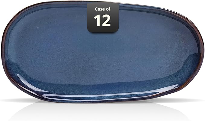 Organic Shape Restaurant Serving Tray 13” X 7", Commerical Grade Catering Stoneware Tray in Ir-regular Organic Shape, Chip & Scratch Resistant, Glossy Reactive Glaze Blue, Case of 12