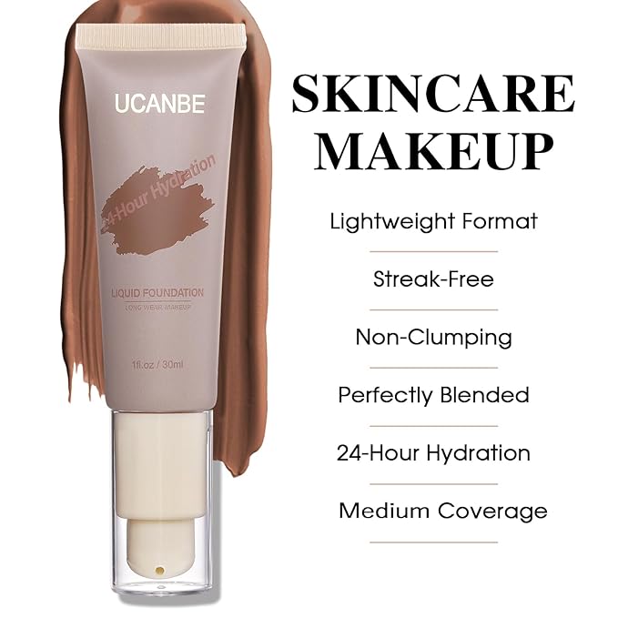 UCANBE Matte Liquid Foundation with Brush, Skincare Serum Foundation Face Makeup with Hyaluronic Acid, Medium to Full Coverage Waterproof Oil Control Longwear, for Mature Skin, Cocoa, 1 fl. oz.-BrightBean Baby