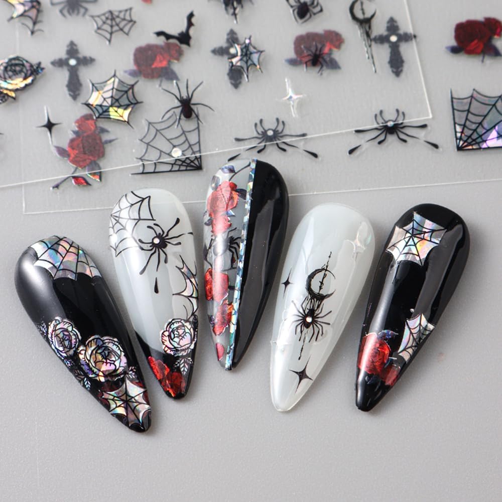 6 Sheets Halloween Nail Stickers Decals, 3D Spider Nail Sticker Decoration Self-Adhesive Colorful Red Rose Flowers Spider Web for Nails Stickers DIY Manicure Art Halloween Decoration-BrightBean Baby