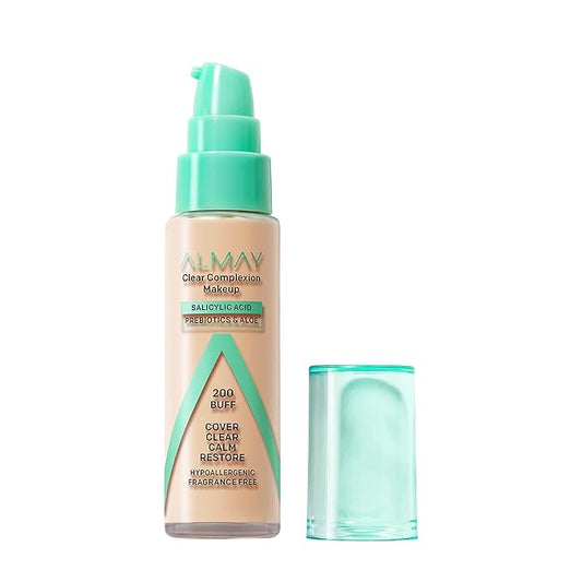 Almay Clear Complexion Acne Foundation Makeup with Salicylic Acid - Lightweight, Medium Coverage, Hypoallergenic, -Fragrance Free, for Sensitive Skin , 200 Buff, 1 fl oz.-BrightBean Baby