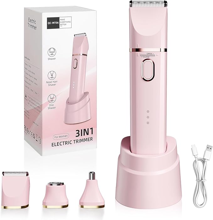 Bikini Trimmer for Women: 3 in 1 Gentle&Painless Electric Razor for Women,120min Cordless Runtime,USB Charge Dock,Ceramic Blade,IPX7 Waterproof Wet & Dry Use &Easy Cleaning Travel Grooming Kit (Pink)-BrightBean Baby