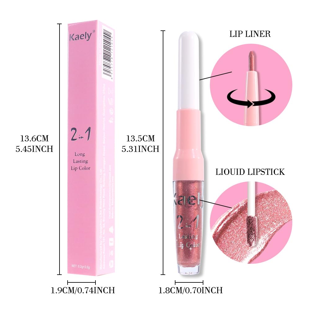 Kaely 2-in-1 Pink Red Metallic Lipstick and Lip Liner, Shimmer Liquid Metallic Lipsticks for Women, Glitter Lip Gloss Stain Long Lasting Waterproof Smudge Proof 24 Hour, Vegan Makeup, 09-BrightBean Baby