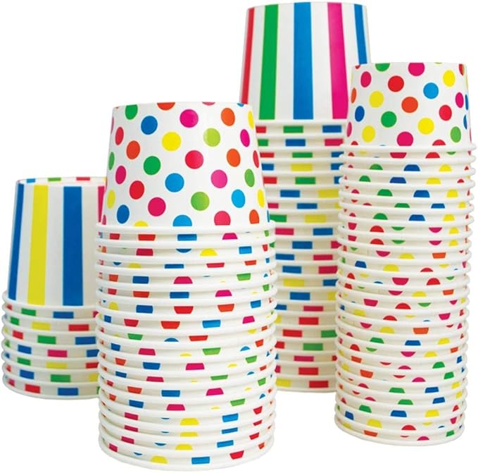 UNIQ 1000-Count 4 oz Striped Paper Ice Cream Cups Rainbow Color | Disposable Dessert Bowls in Multiple Colors | Frozen Dessert Supplies