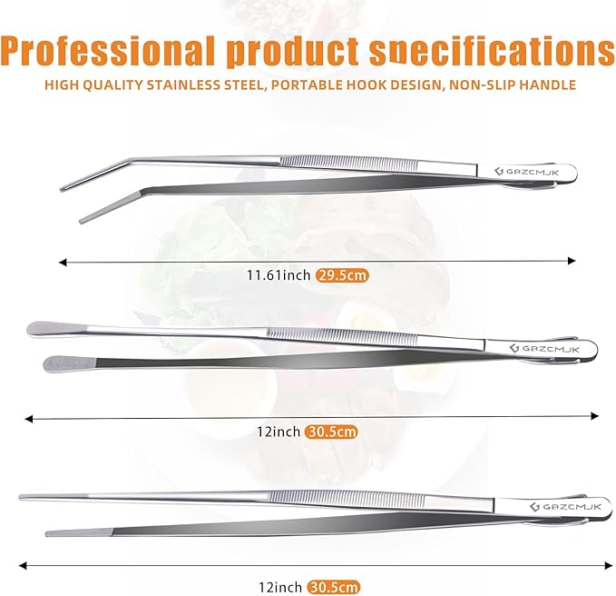 3 Pcs Kitchen Tweezers, 12'' and 11.6" Stainless Steel Tongs For Cooking, Professional Cooking Tongs, Chef Cooking Tweezers, Sea food, BBQ, Plating and Serving