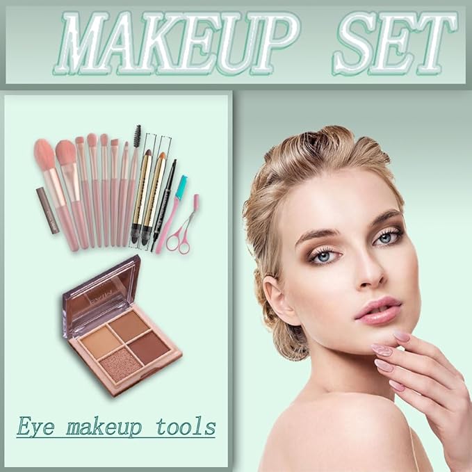 All-In-One And Portable Beginner Makeup Kit, Including Mascara, Eyeshadow Pencil, Eyeshadow Palette, Beauty Brush Set, Eyebrow Shaping Set And Other Props-BrightBean Baby