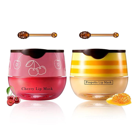 2PCS Bee Lip Balm Honey Pot Cherry Honey Lip Balm Sleeping Lip Mask Silky Hydrating Bee Lip Balm Honey Lip Mask Overnight Lip Care Products(Honey+Cherry)-BrightBean Baby