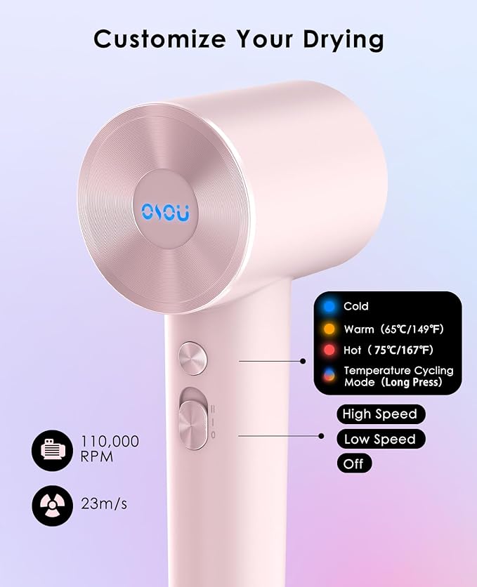 Hair Dryer with Diffuser for Curly Hair, Negative Ionic Hairdryer, High-Speed Blow Dryer with 110, 000 RPM Brushless Motor, Fast Drying Lightweight Travel Hairdryer, Low Noise Quiet Hair Dryers-BrightBean Baby