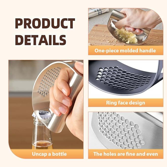 2025 New Stainless Steel Garlic Presser, Portable Manual Stainless Steel Garlic Press for Home Kitchen Utensils, Upgrade Rocker Crusher Masher with Garlic Peeling (2)