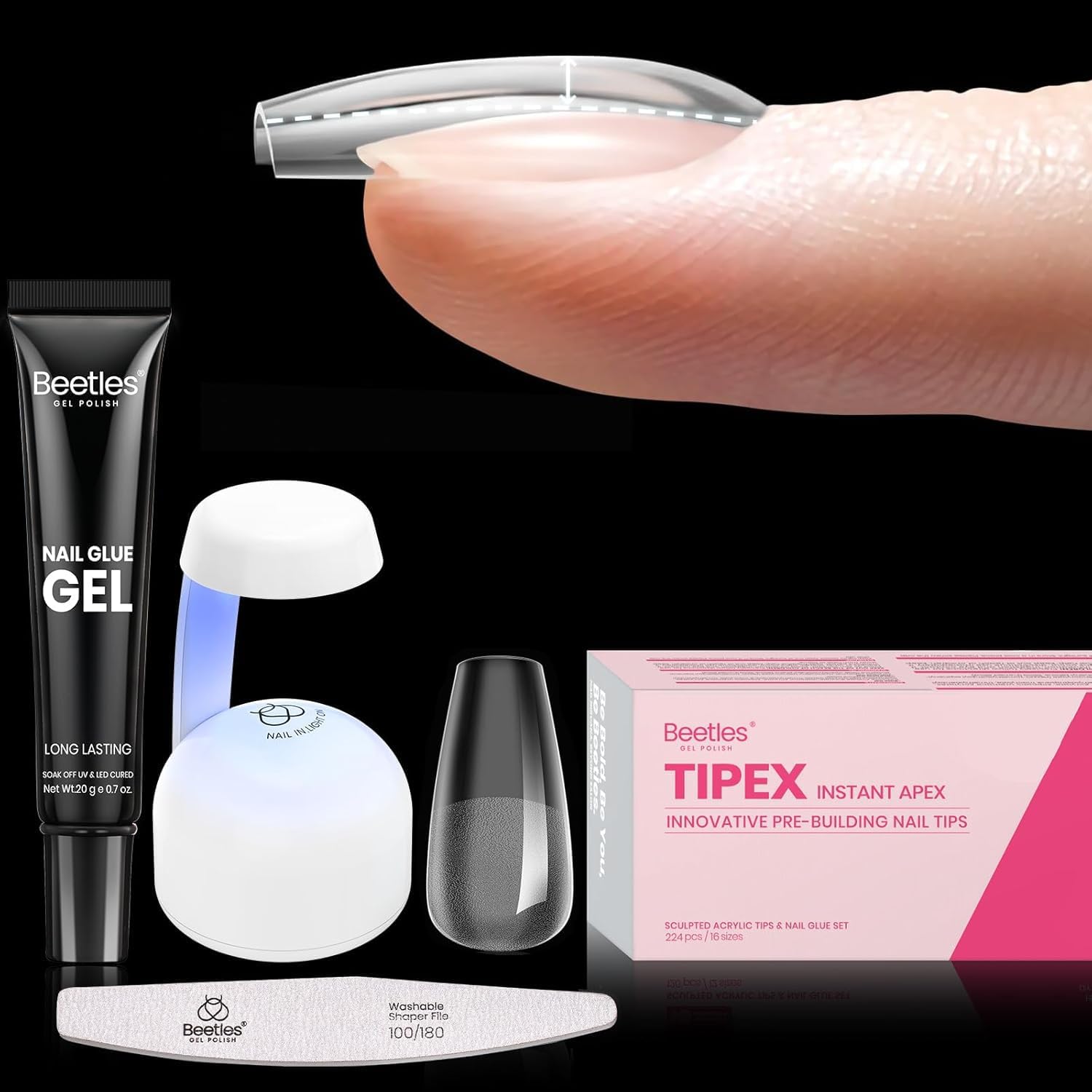 Beetles Tipex Gel Nail Kit Short Coffin Instant Apex Nail Tips, 224 Pcs 16 Sizes Pre-Building Pre-Etched False Nail Tips with Tipex Uv Nail Glue,Mini Nail Lamp-Thick Acrylic Nail Set-BrightBean Baby