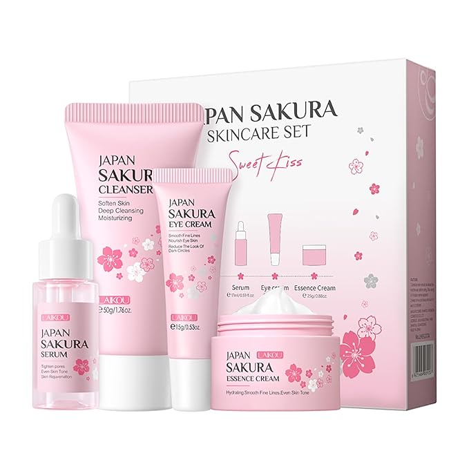 Skin Care Set JAPAN SAKURA Beauty Gift Sets Skin Care Kit with Cleanser, Serum, Eye Cream, Face Cream Travel Kit for Women Mom Wife Teen Girls Gentle Skin Cleaning TSA-friendly Sizes 4pcs-BrightBean Baby