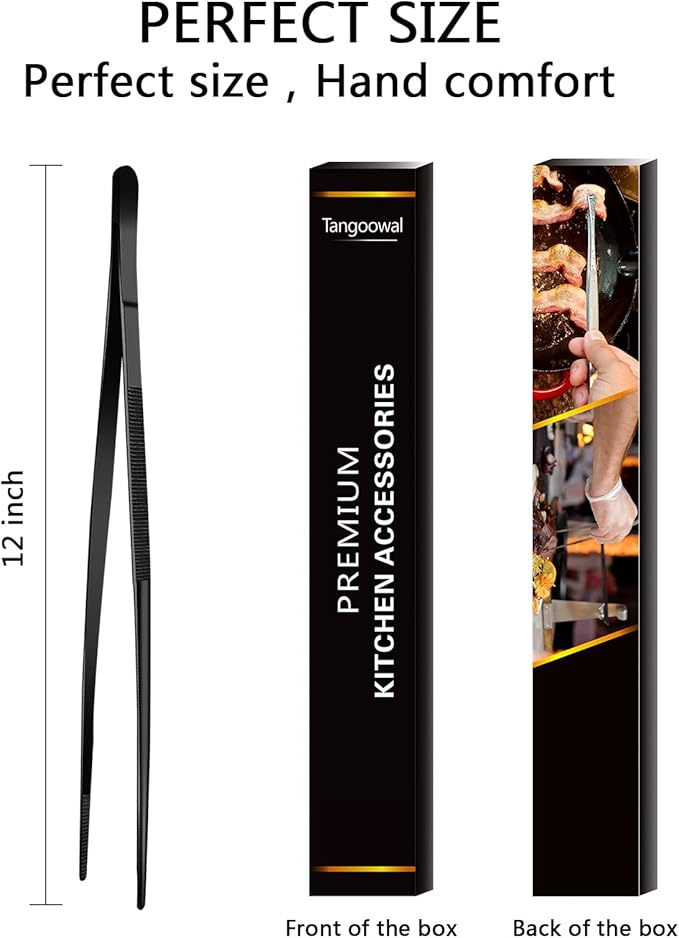 12-Inch Black Kitchen Fine Cooking Tweezers Tongs,Stainless Steel Long Food Tweezers Tongs