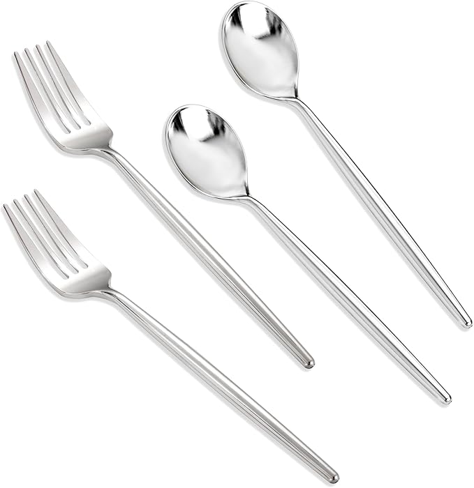 SUT 100Pcs Silver Plastic Silverware - Plastic Spoons and Forks, Disposable Silverware, Plastic Cutlery Set,50 Gold Plastic Forks, 50 Gold Plastic Spoons for Catering, Parties, Dinners, Weddings