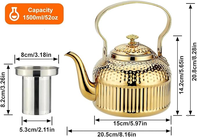 SANQIAHOME Antique 1.5L (50Oz) Stainless Steel Teapot with Infuser Gold
