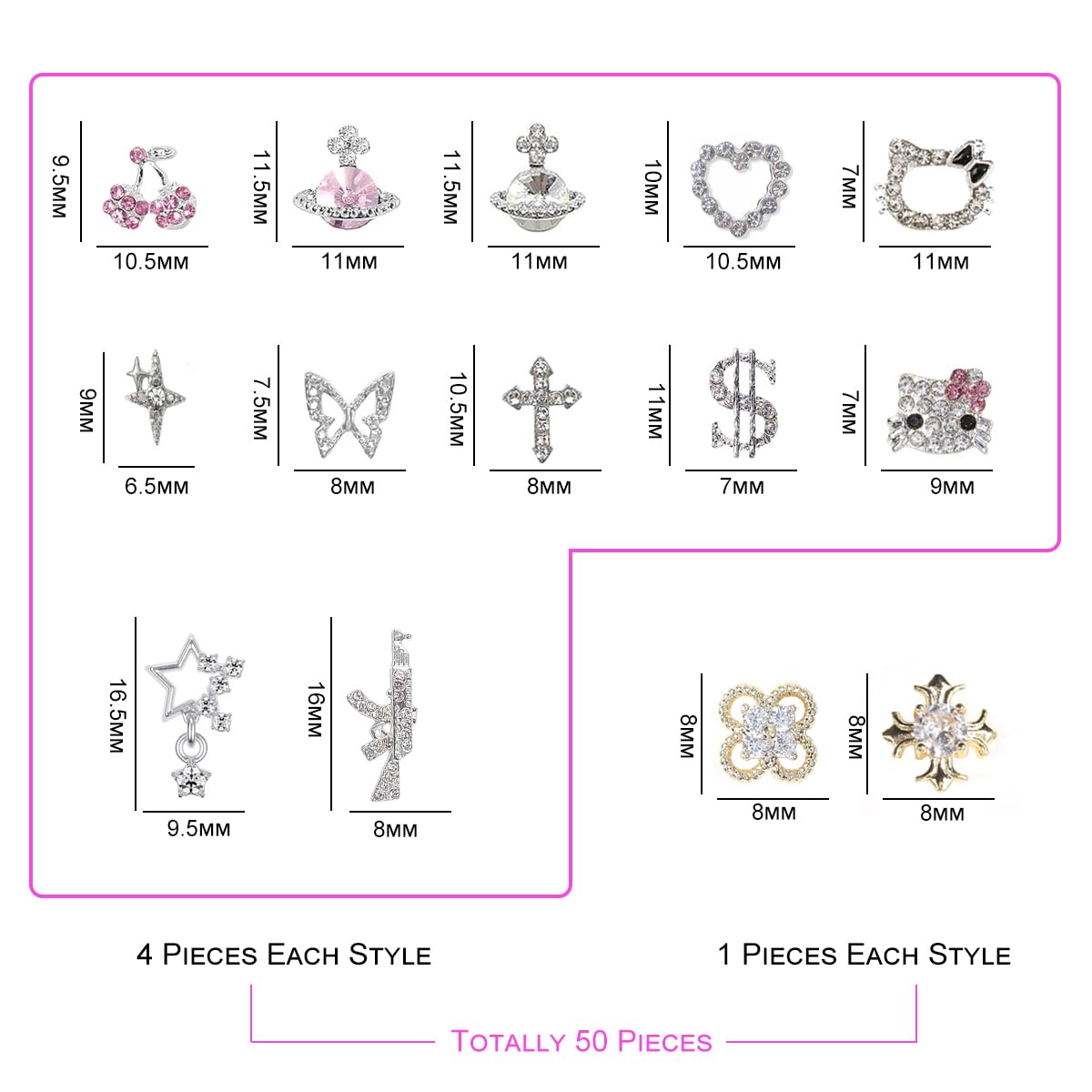 50Pcs Nail Charms Rhinestones Gems Kitty Heart Star Gun Planet Cross Jewelry for Acrylic Nails Accessories Women Nail Decorations Manicure Craft DIY Nail Art Supplies-BrightBean Baby