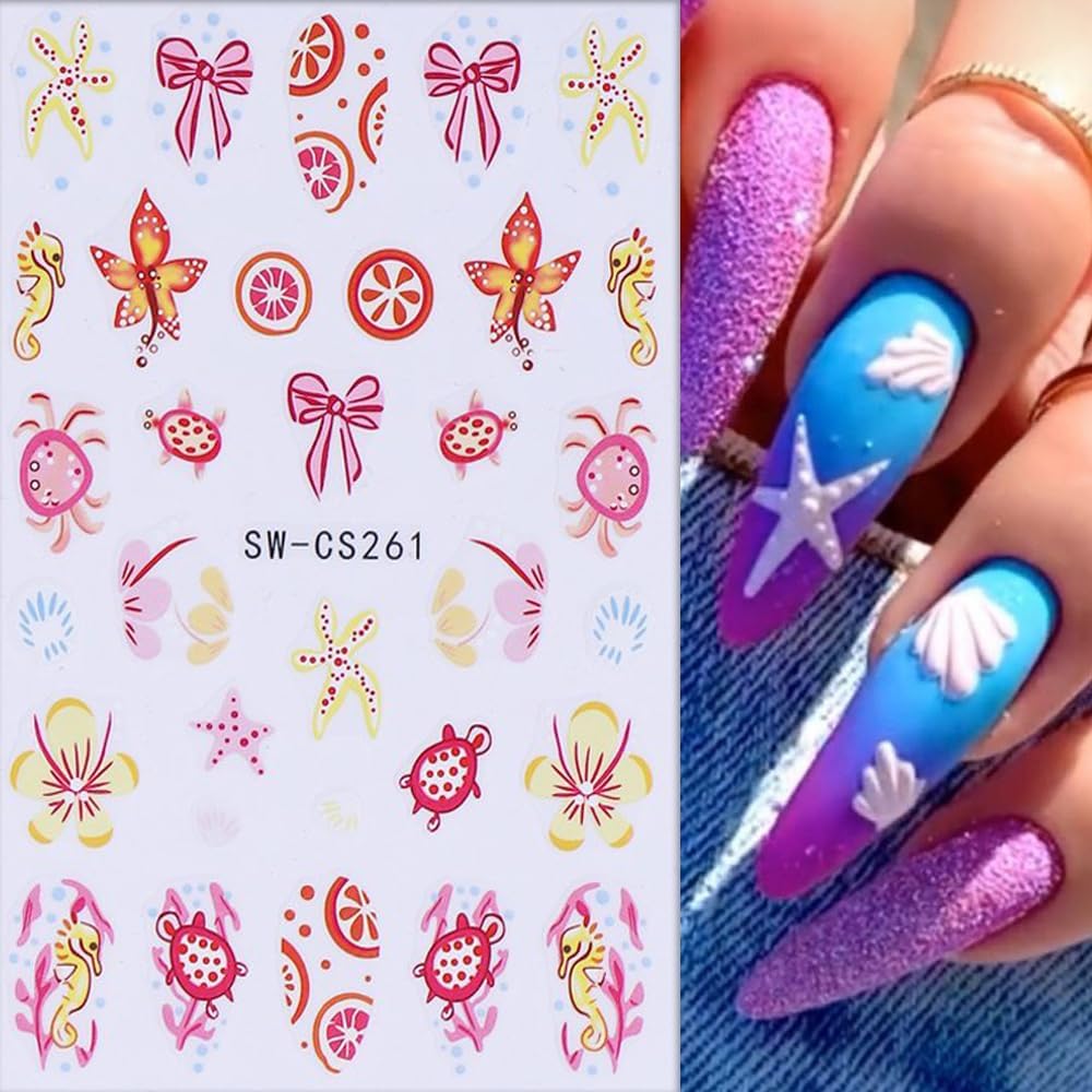 6 Sheets Marine Life Nail Art Stickers 3D Self-Adhesive Starfish Turtle Nails Sticker Flower Nail Art Decals Holographic Bow Nails Decal Decoration for Women Floral Manicure DIY Nail Supplies-BrightBean Baby