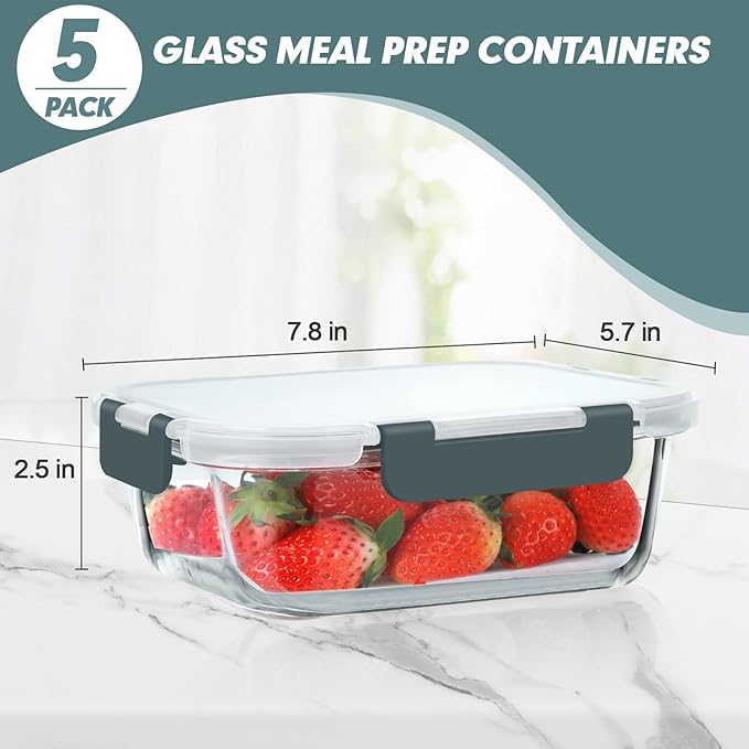 KOMUEE 30 oz 5 Pack Glass Meal Prep Containers, Glass Storage Containers with Lids - Dishwahser, Microwave, Oven and Freezer Safe
