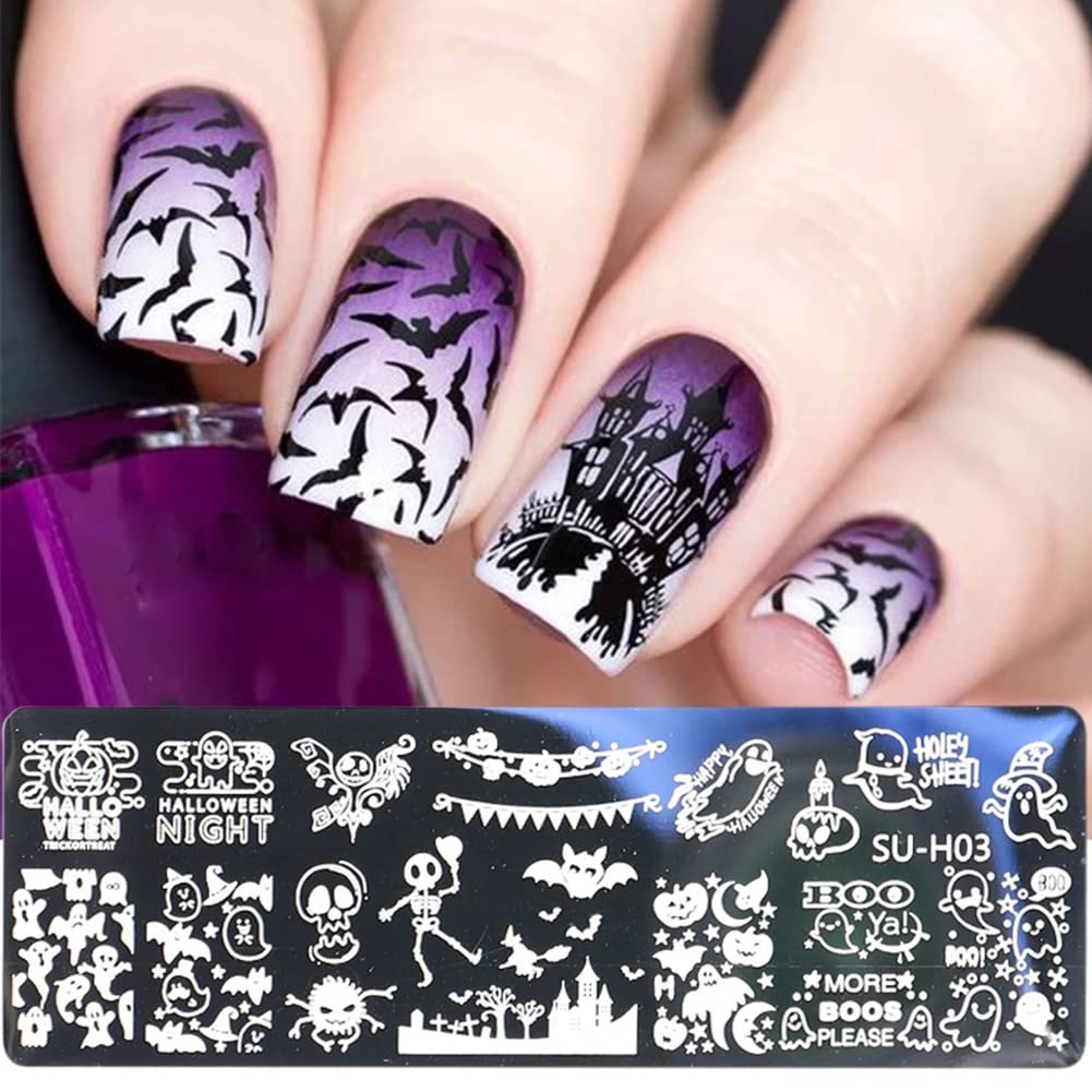 Halloween Nail Stamper Kit: 6 Pcs Stamp Template Plates with 1 Stamper, 1 Scraper - Horror, Ghost, Pumpkin, Skull, Bone Images - DIY Nail Art Set-BrightBean Baby