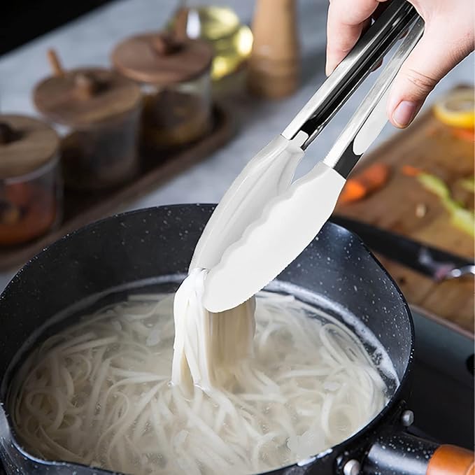 Mini Tongs with Silicone Tips 7-Inch Serving Tongs, Set of 3 (White)