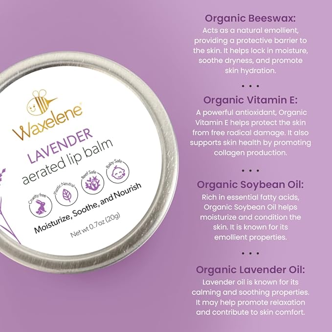 Waxelene Lavender Aerated Lip Balm Tin 4 Piece, Best Lip Balm Ever Organic Calming Multipurpose Ointment Baby Eczema Dry Skin Face Moisturizer-BrightBean Baby